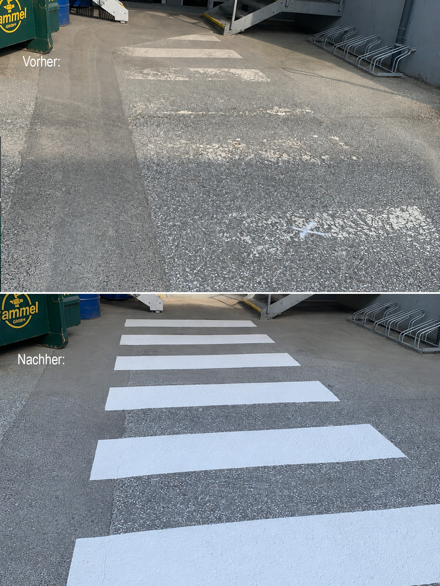 Vorher-Nachher Vergleich einer erneuerten Schutzwegmarkierung